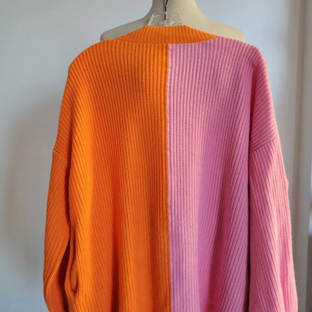 Women’s Color Matching Casual Loose Long-sleeved Knitted Cardigan (Size: L)